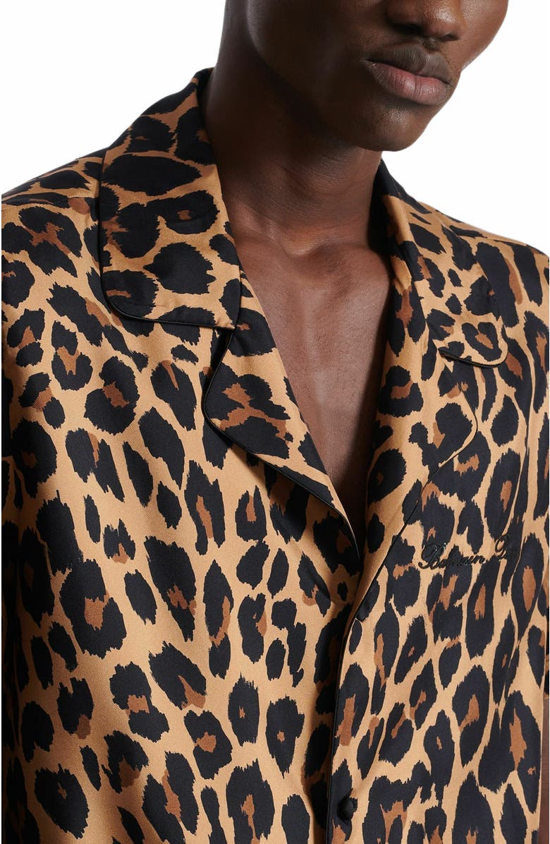 Balmain Leopard Print Silk Pyjama Shirt, Alternate, color, Brown