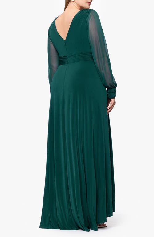 Betsy & Adam Plus Chiffon Long Sleeve V Neck Gown In Green