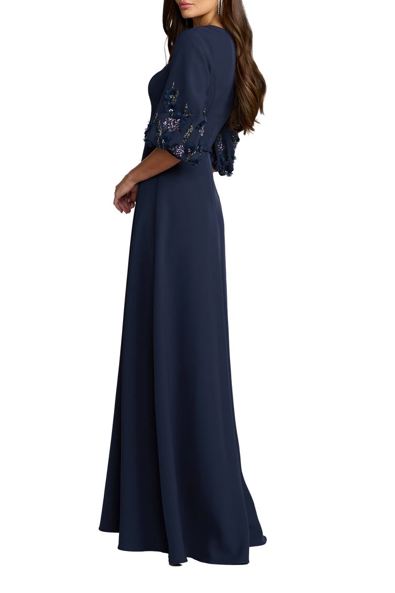 Beaded Crepe Bishop Sleeve A Line Gown, Alternate, color, Midnight Multi