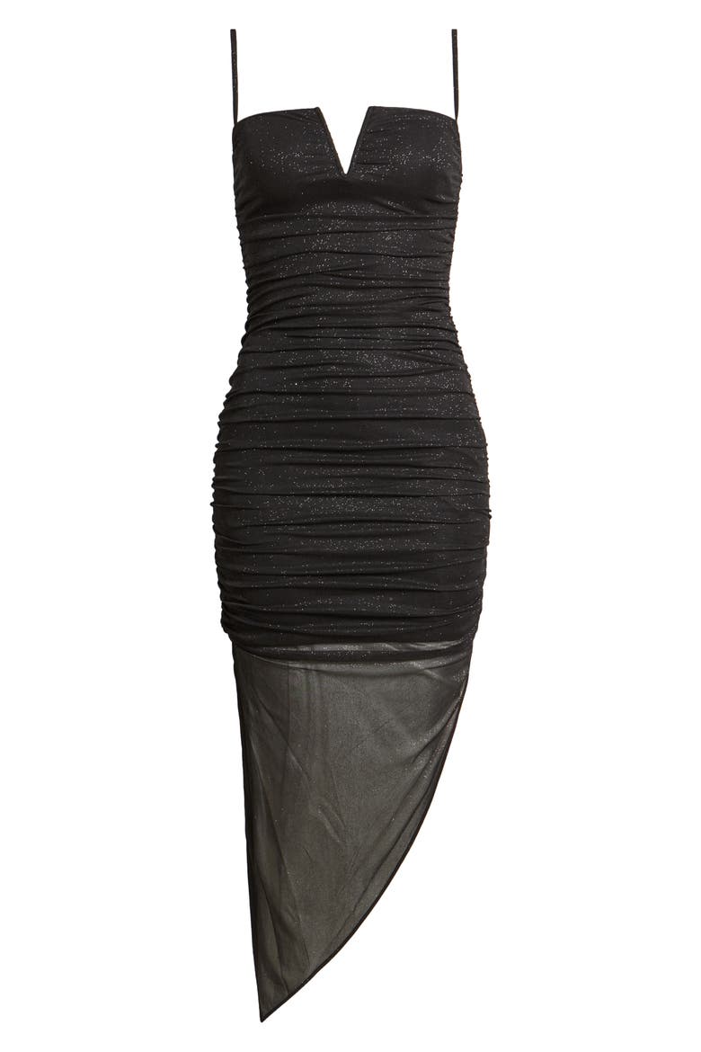 Glitter Asymmetric Hem Mesh Cocktail Dress, Alternate, color, BLACK
