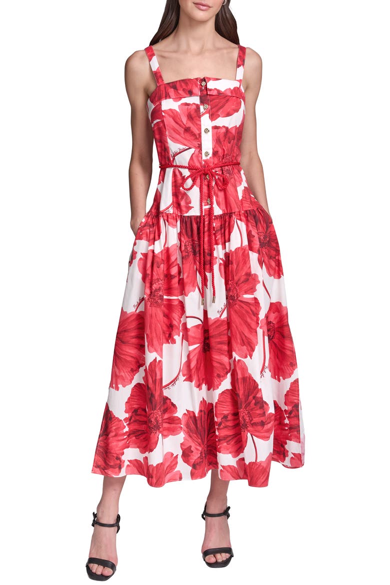 Floral Print Sleeveless Dress, Alternate, color, TOMATO MULTI