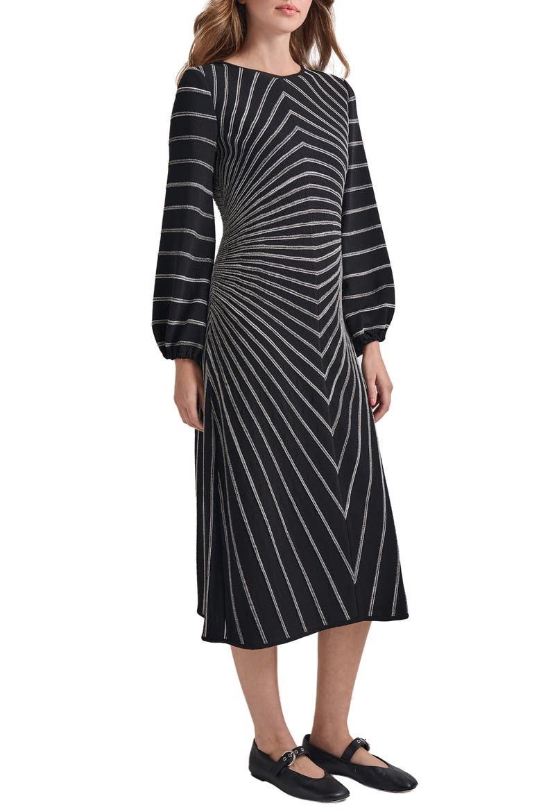 Soft Stripe Long Sleeve Melangé Knit A-Line Dress, Alternate, color, BLACK/ NEW IVORY