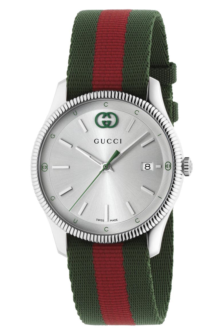G-Timeless Nylon Strap Watch, 38mm, Main, color, SILVER/GREEN