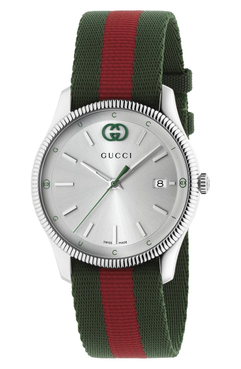 Gucci G-Timeless Nylon Strap Watch, 38mm, Main, color, Silver/Green