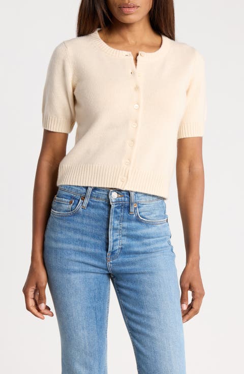 Cashmere Short-Sleeve Crewneck Cardigan
