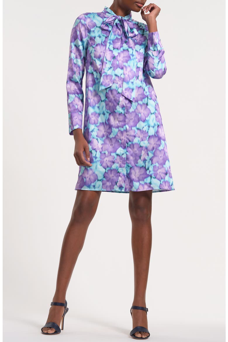 Tie Neck Long Sleeve Minidress, Main, color, BLUE/ LILAC