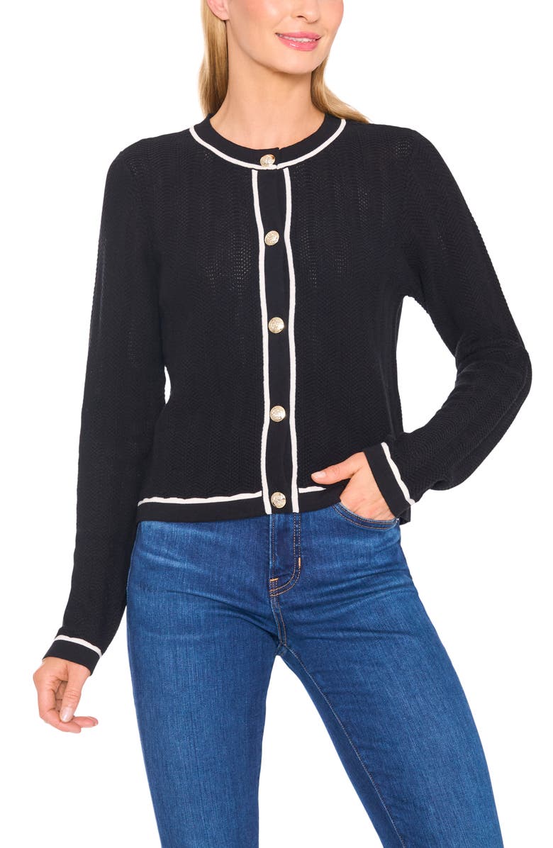 CeCe Contrast Detail Cotton Cardigan, Main, color, Rich Black