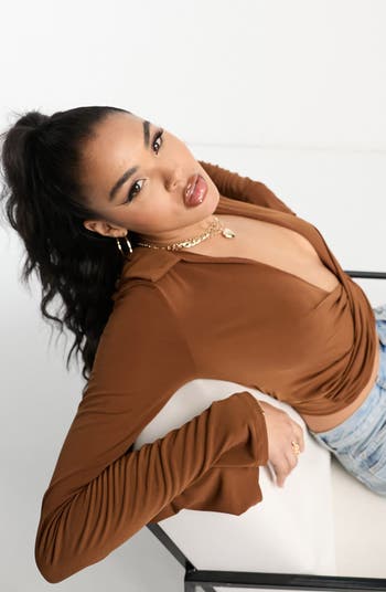 ASOS DESIGN Collared Long Sleeve Wrap Crop Top Nordstrom