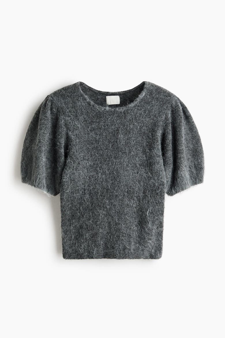 Knitted Puff-sleeved Top, Alternate, color, Gray melange