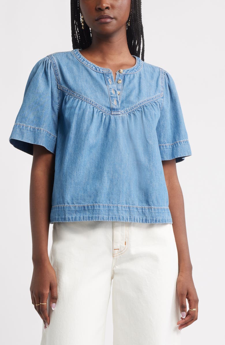 Treasure & Bond Shirred Short Sleeve Chambray Top, Main, color, 