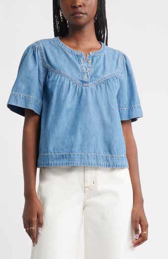 Treasure & Bond Shirred Short Sleeve Chambray Top