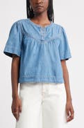 Treasure & Bond Shirred Short Sleeve Chambray Top