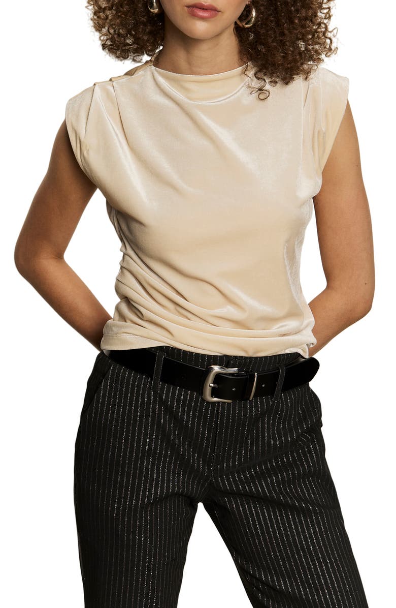 Sanctuary Pleated Sleeve Side Ruched Velvet Top, Alternate, color, Light Oat Beige