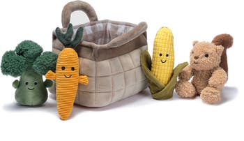 Plush Veggie Basket Play Set with Interactive Stuffed Vegetable Toys