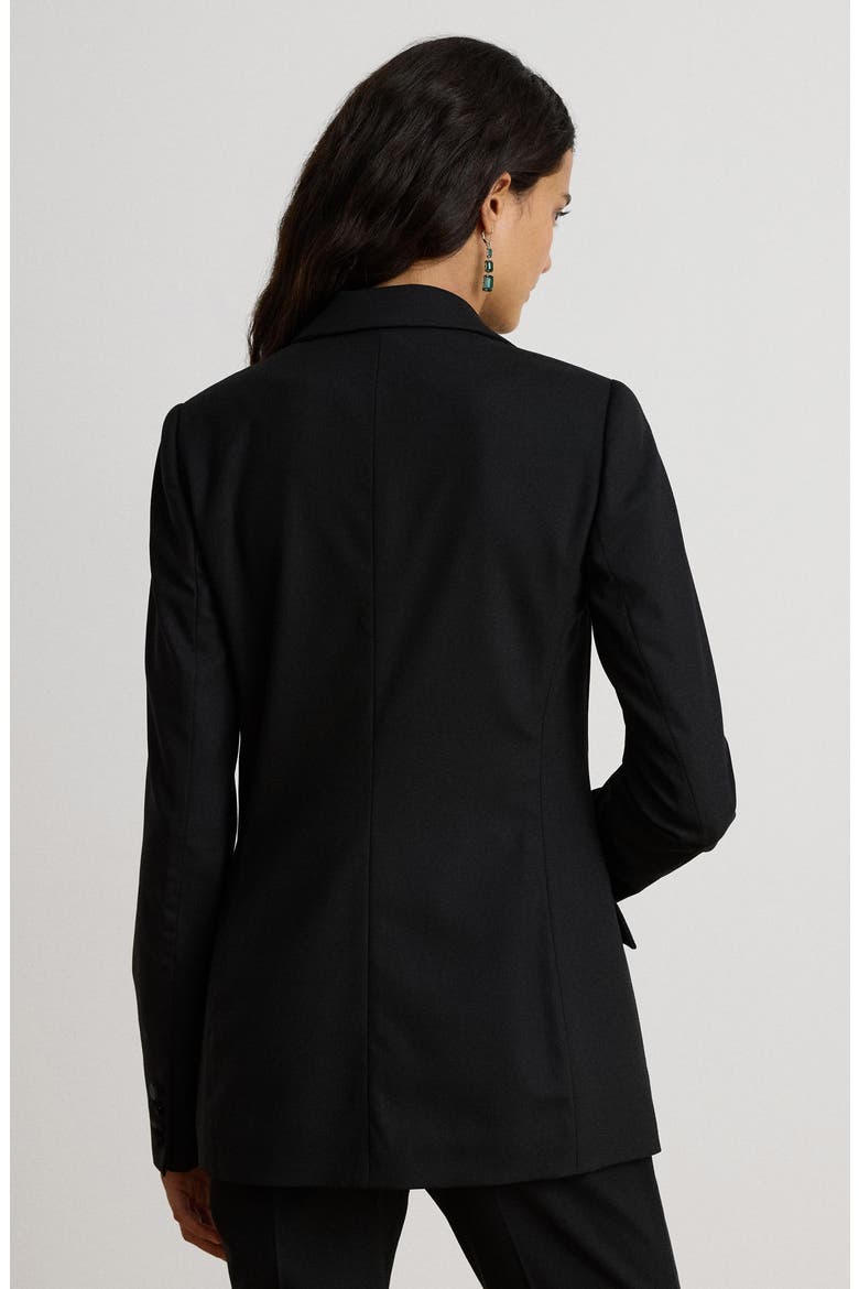 Satin-Trimmed Double Breasted Stretch Wool Blazer, Alternate, color, BLACK