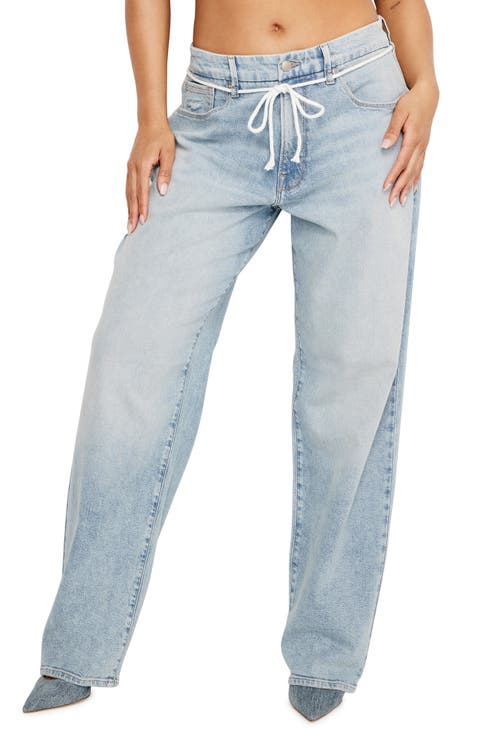 Good 90s Loose Drawstring Belted Straight Leg Jeans (Indigo666) (Regular & Plus)