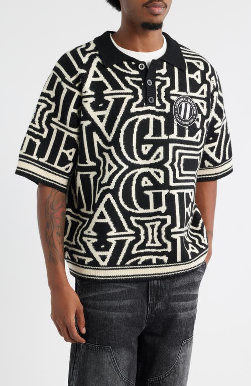 CRIMINAL DAMAGE Oversize Logo Jacquard Polo Sweater in Black/off White 