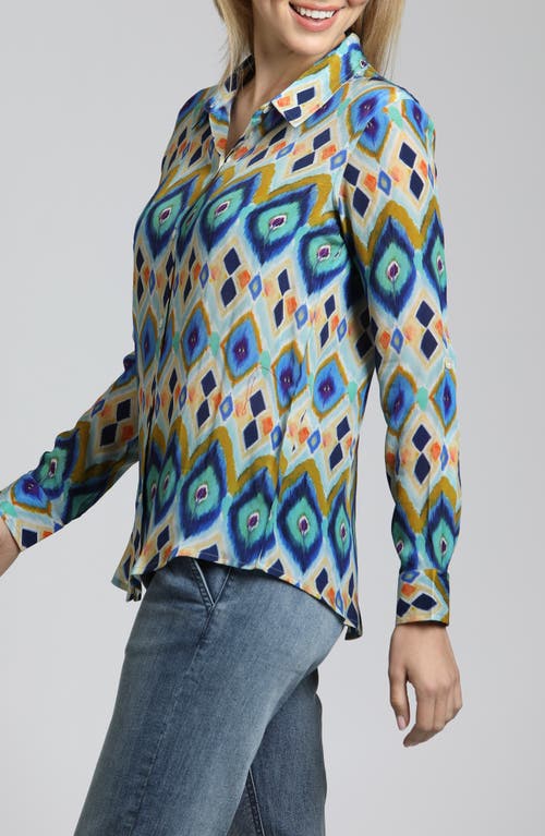 Apny Abstract Print Roll Tab Sleeve Chiffon Button-up Shirt In Turquoise Multi