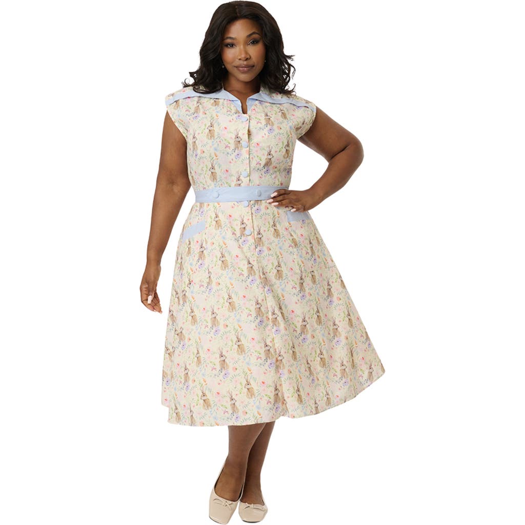 Unique Vintage Plus Size 1950s Hedda Swing Dress In Cream Bunny Print
