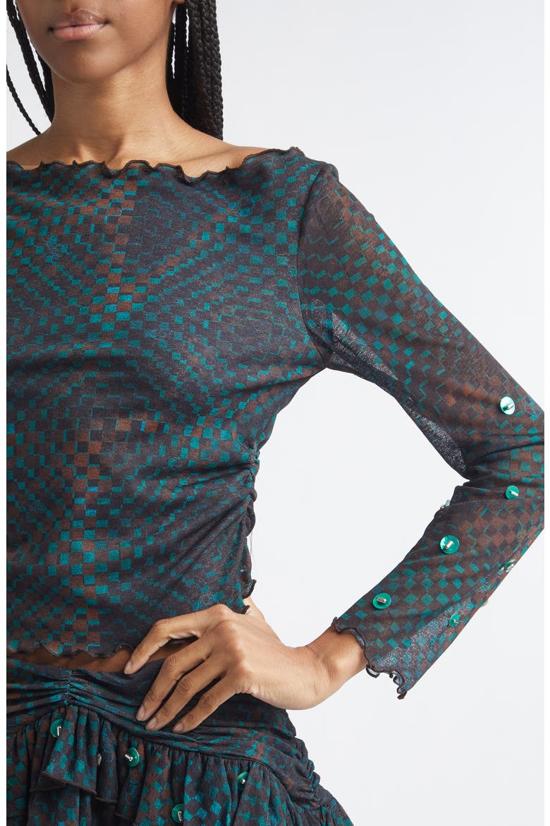 Elara Embellished Check Off the Shoulder Crop Top, Alternate, color, BLUE MULTI