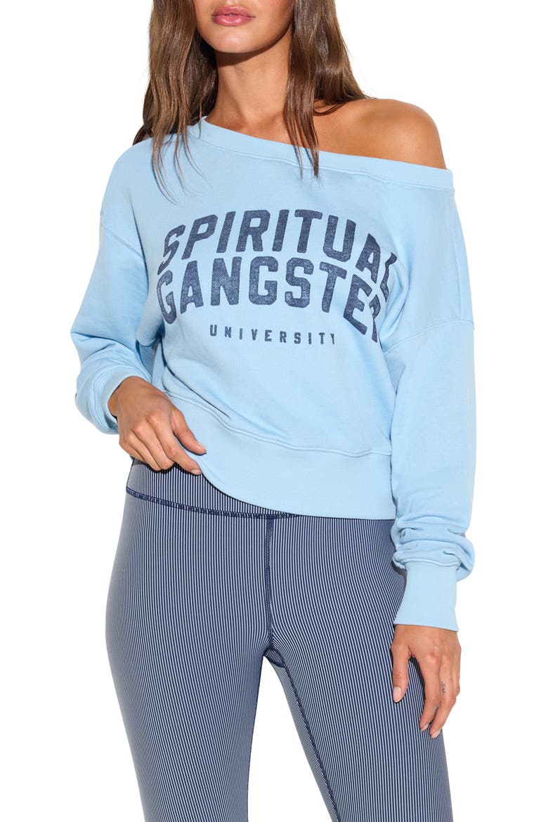 La Vida 2.0 Off the Shoulder Graphic Sweatshirt, Main, color, BLUE MIST