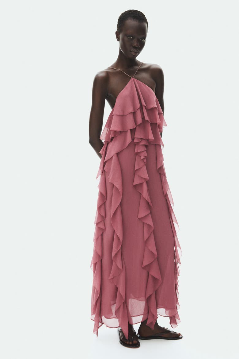Flounced Chiffon Dress, Alternate, color, Dark dusty pink
