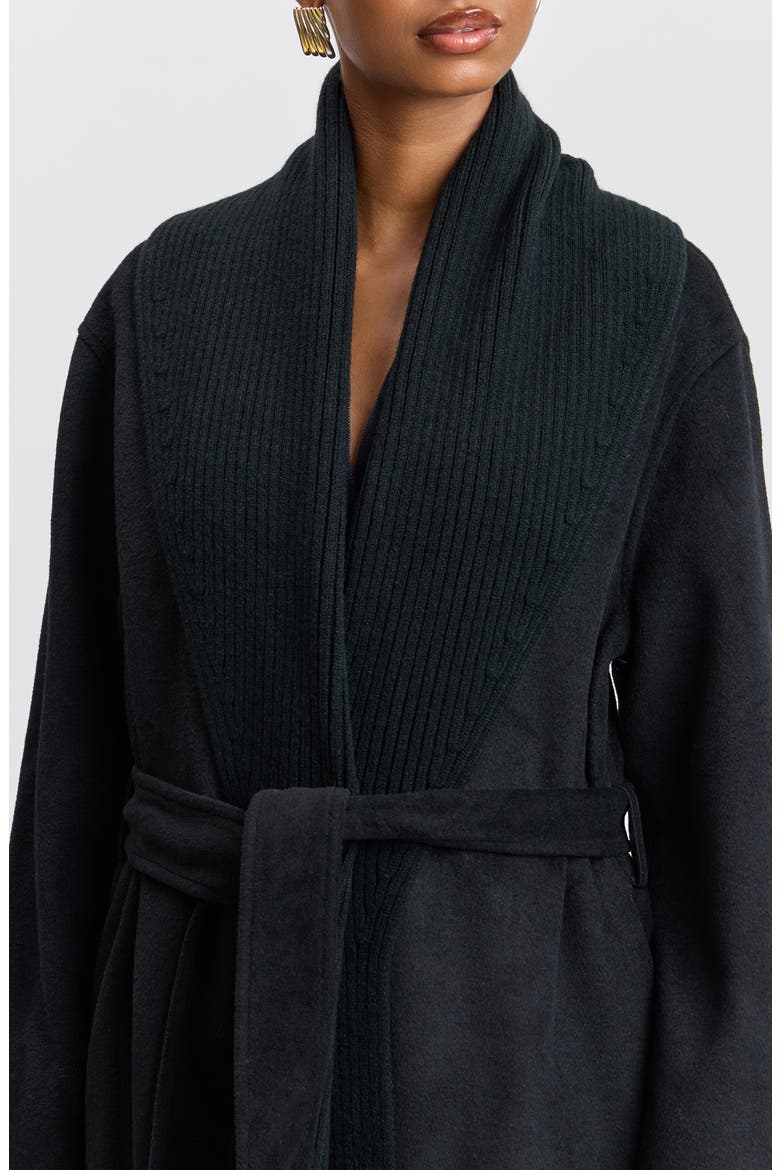Mixed Media Shawl Collar Belted Coat, Alternate, color, BLACK