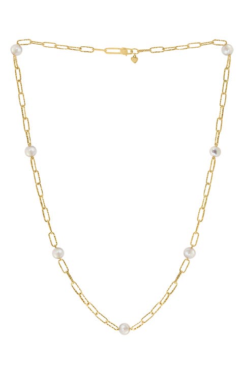 14K Gold Plated Sterling Silver Freshwater Pearl Station Chain Necklace
