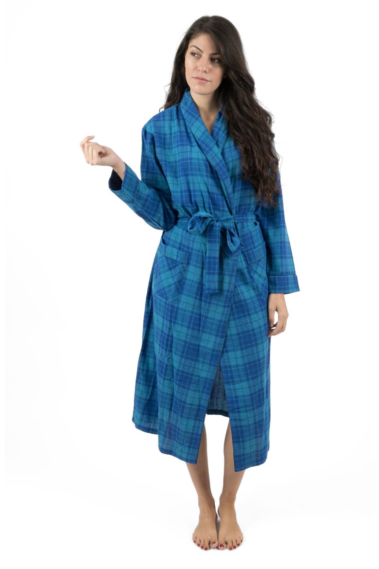 Women's Flannel Robe, 100% Cotton, Main, color, Plaid Blue & Navy