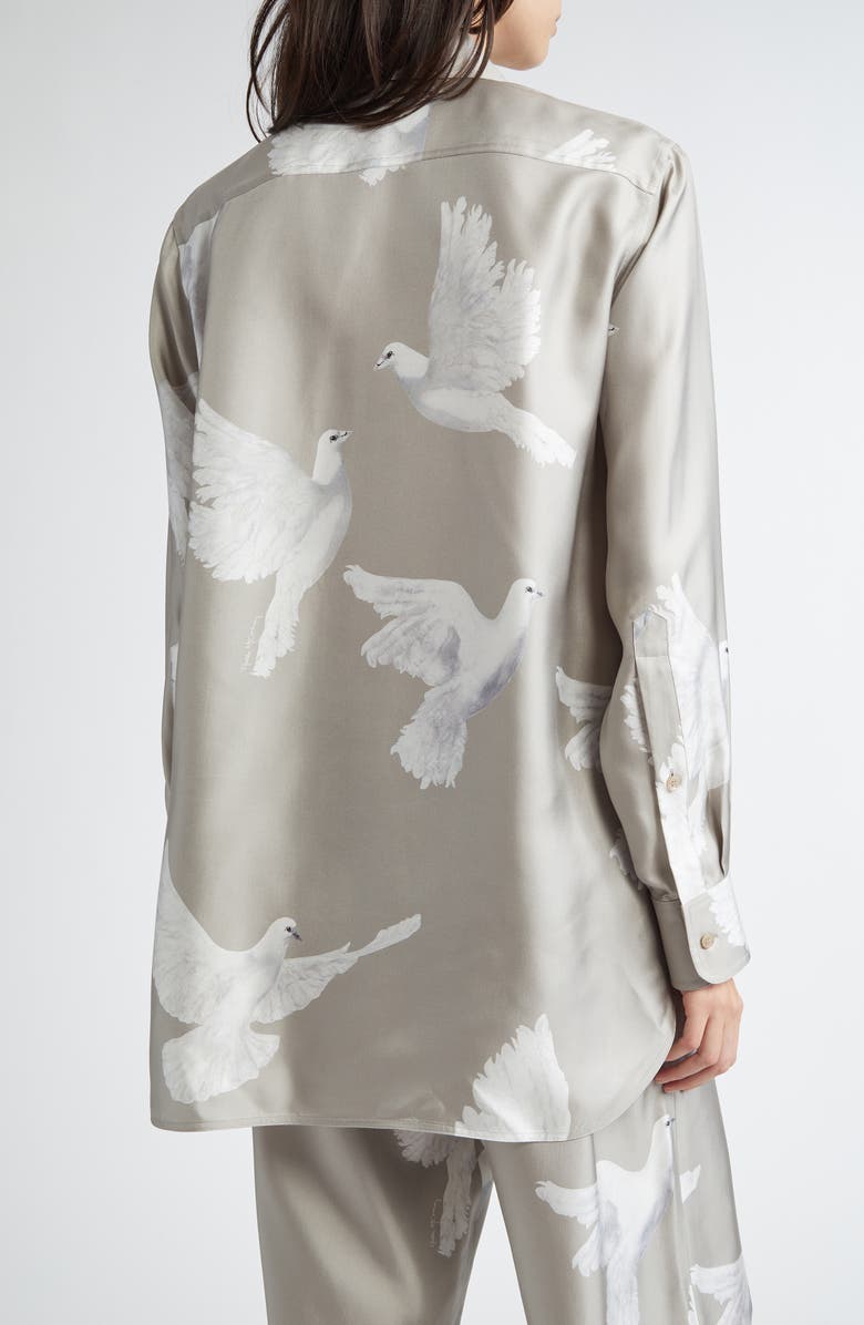 Stella McCartney Birds Print Relaxed Silk Button-Up Shirt, Alternate, color, Mud