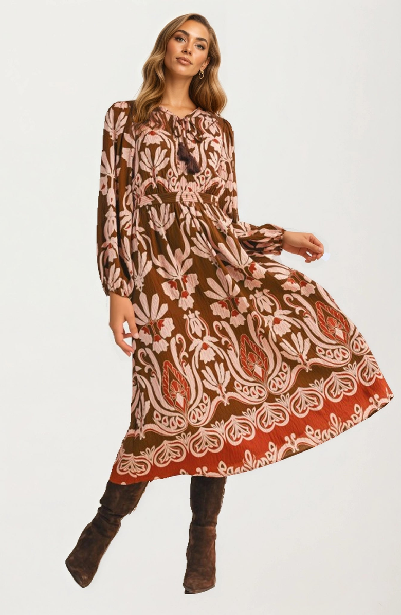 Knit and Lounge Long Sleeve Midi Dress with Tie Neck and Flowing Silhouette, Alternate, color, Brown