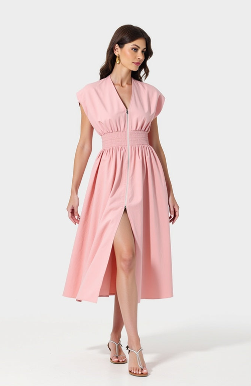 Modenaire Cap Sleeve Midi Dress With Smocked Waist Front Zip And Side Pockets In Pink