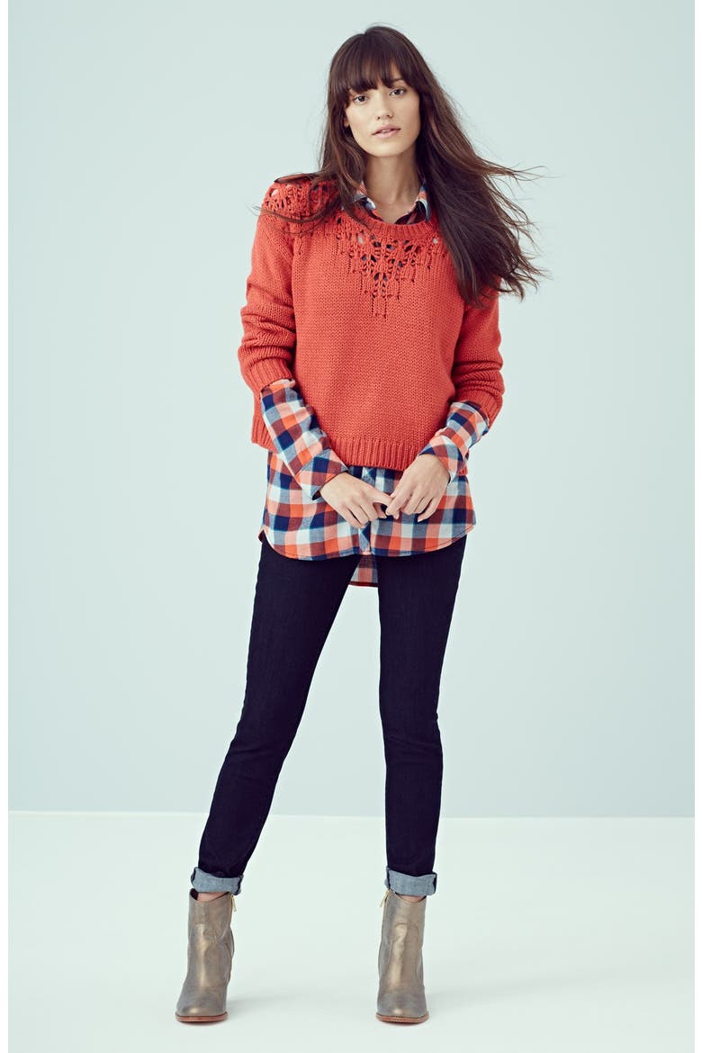 Pointelle Yoke Crop Sweater, Alternate, color, NAVY INDIGO