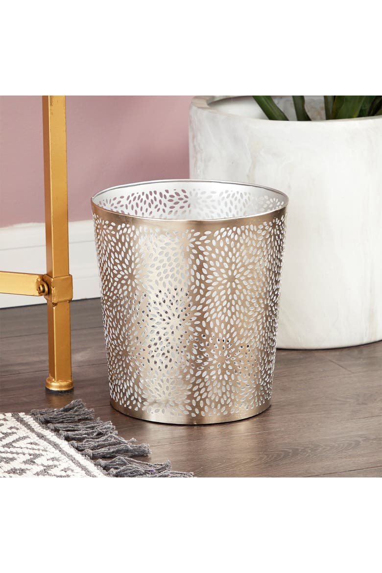Silvertone Metal Glam Small Waste Bin with Laser Carved Floral Design, Alternate, color, SILVER