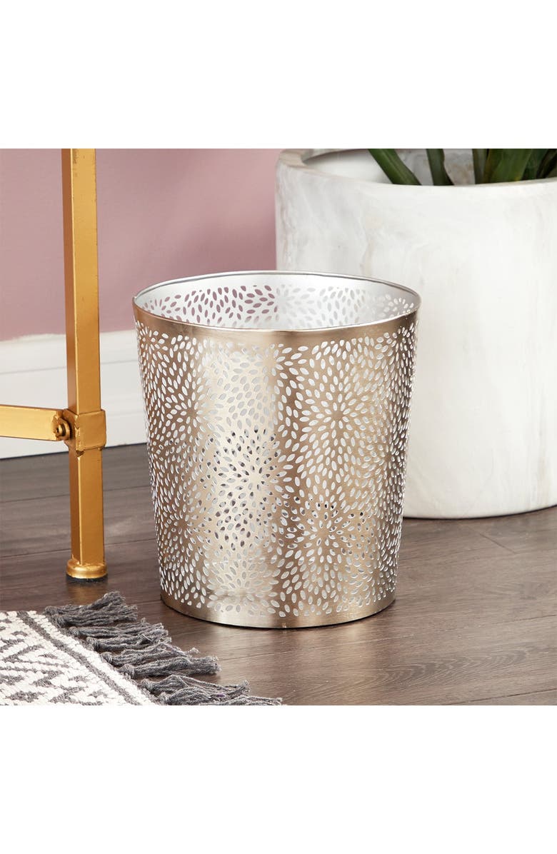 COSMO BY COSMOPOLITAN Silvertone Metal Glam Small Waste Bin with Laser Carved Floral Design, Alternate, color, 
