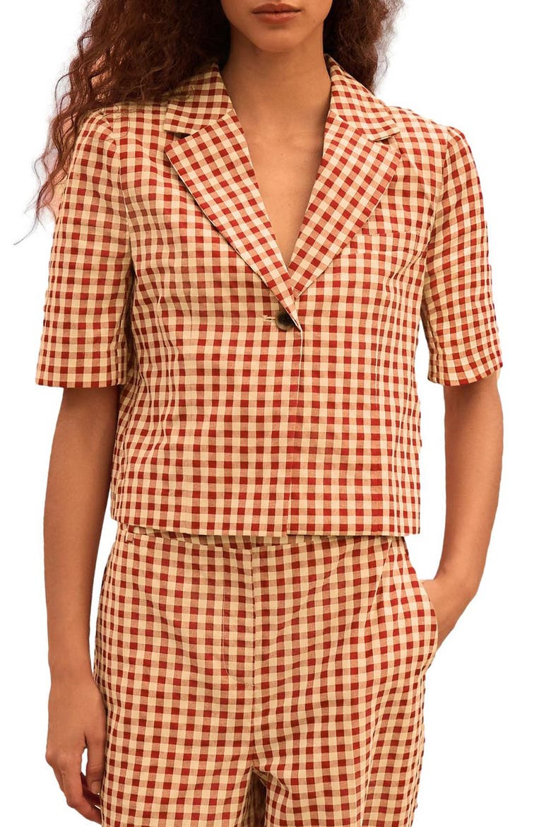 Gingham Button-Up Short Sleeve Shirt, Main, color, RED
