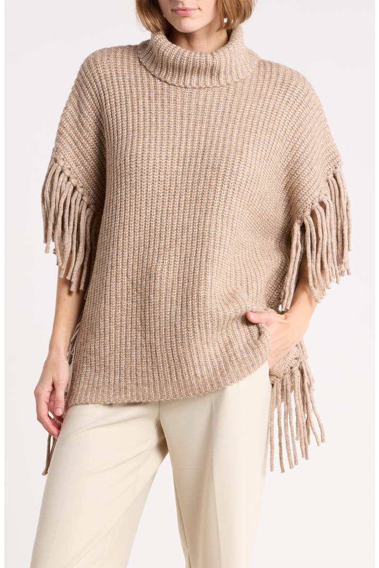 Fringe Trim Turtleneck Sweater, Main, color, CAMEL HEATHER