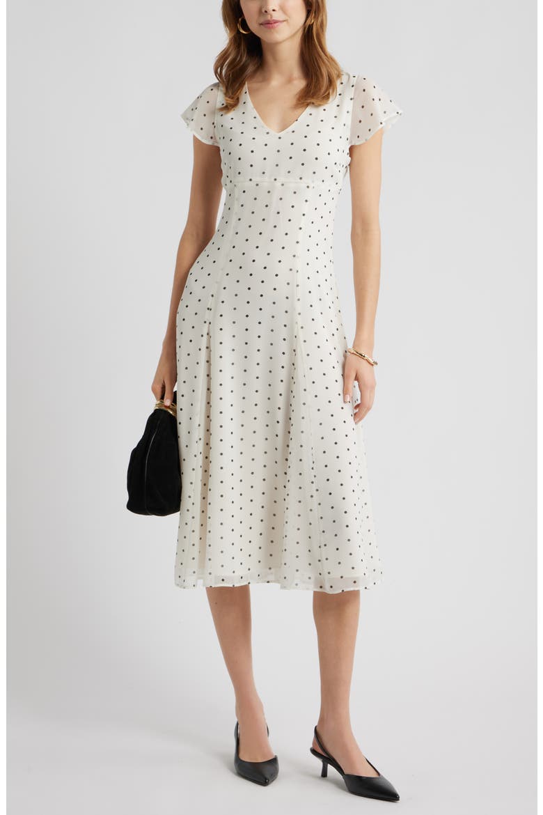 Short Sleeve Godet Pleat Dress, Main, color, IVORY- BLACK CORNER DOT