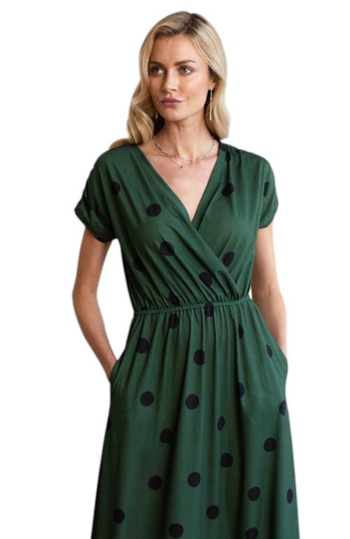 Hotsquash London Clothing V-neck Short Sleeve Maxi Dress In Green With Black Polka Dots
