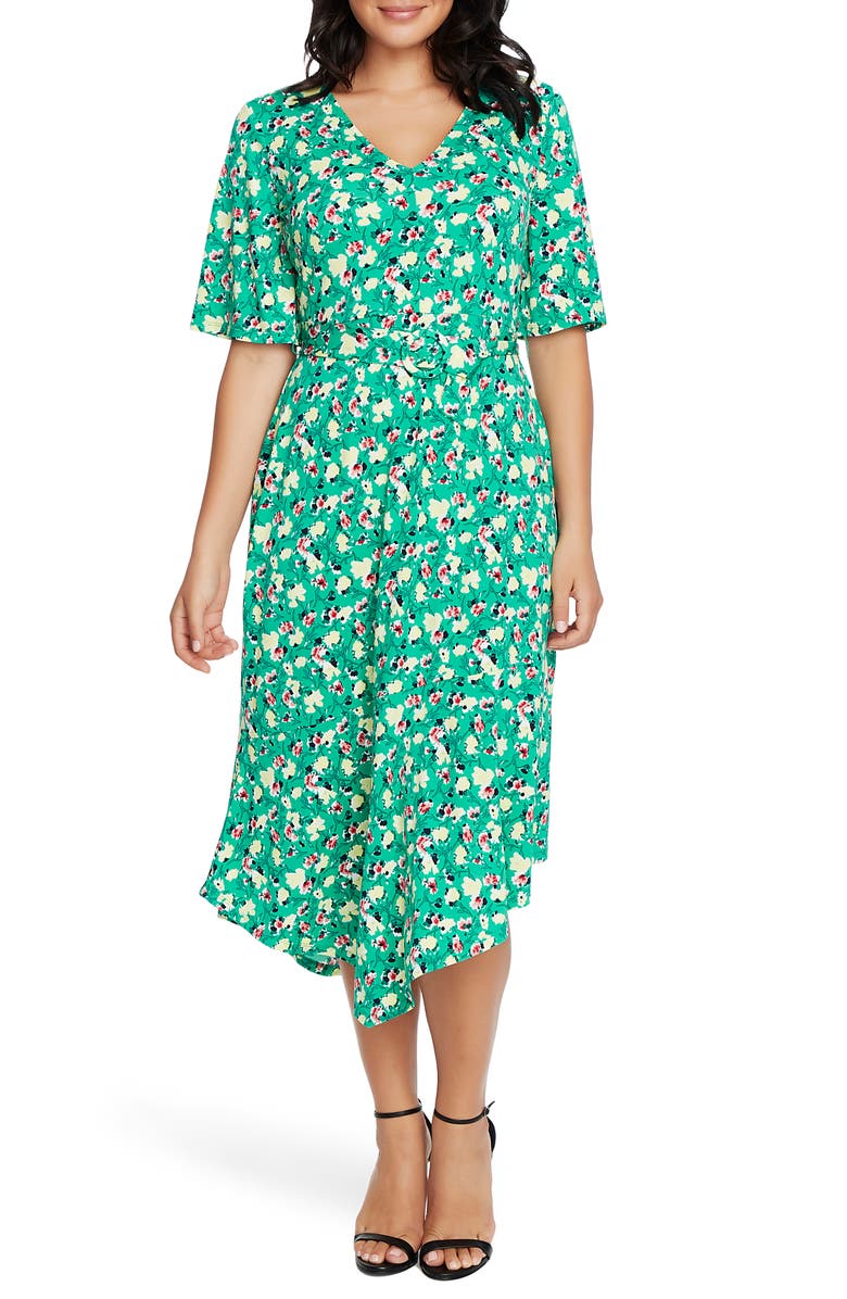 Chaus Garden Sprig Asymmetrical Hem Midi Dress, Main, color, 