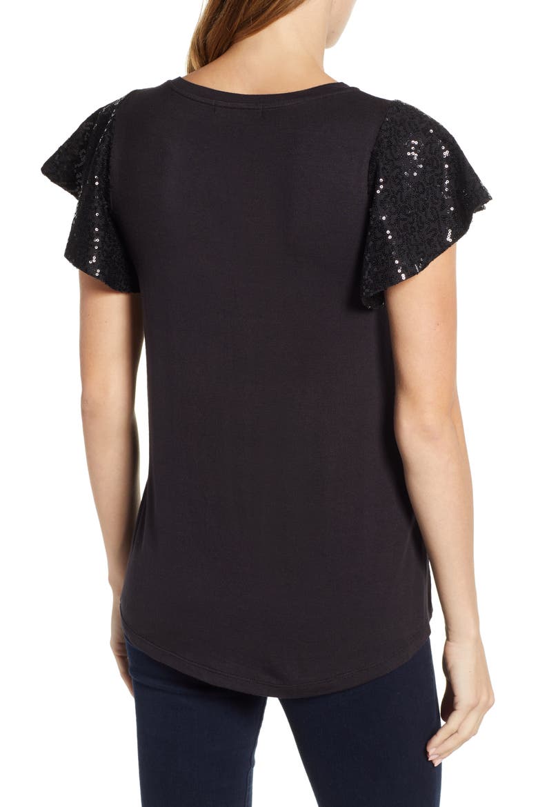 Gibson x Glam Squad Sequin Flutter Sleeve Top (Nordstrom Exclusive), Alternate, color, BLACK