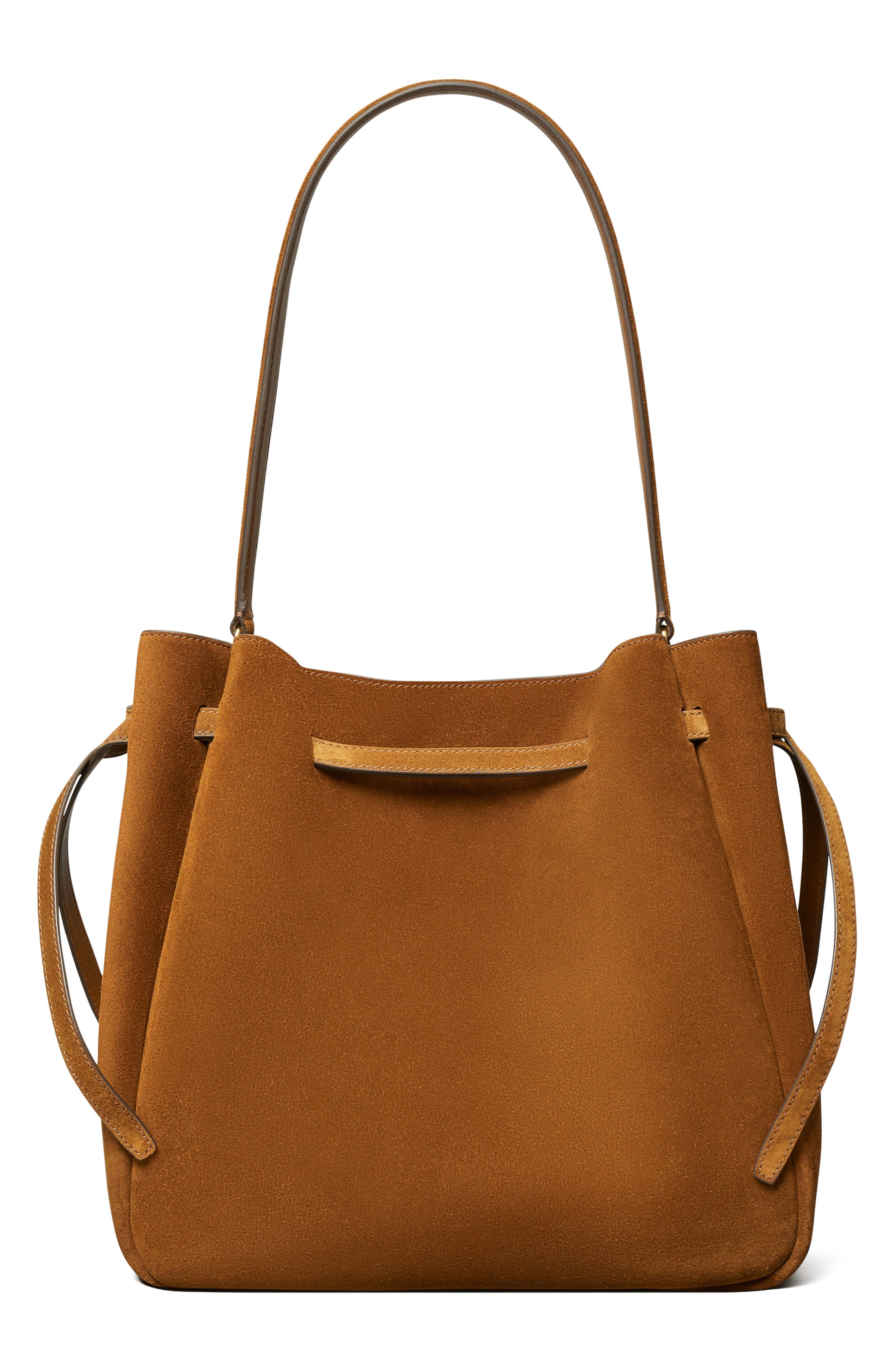 Tory Burch Large Romy Suede Bucket Bag, Alternate, color, Caramel
