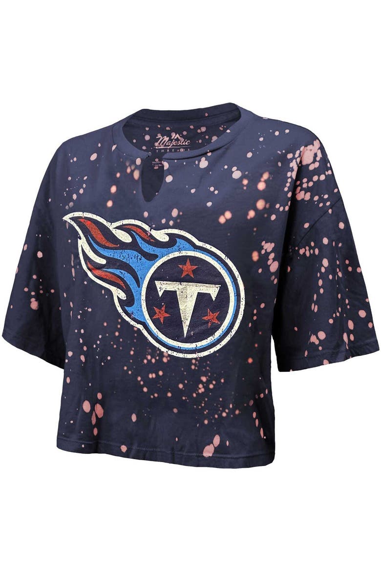 Women's Majestic Threads Navy Tennessee Titans Bleach Splatter Notch Neck Crop T-Shirt, Alternate, color, Navy
