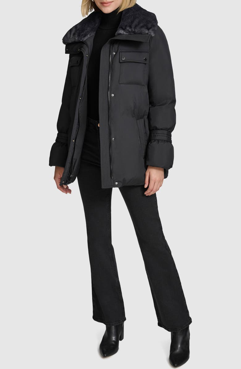 Andrew Marc Laken Faux Fur Trim Belted Puffer Coat, Alternate, color, Black