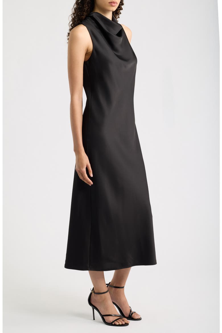 Drape Neck Satin Maxi Dress, Alternate, color, BLACK