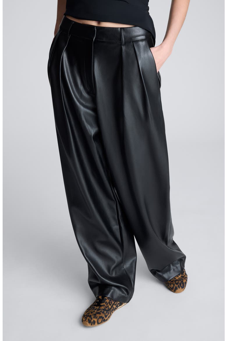 Double Pleat High Waist Wide Leg Faux Leather Pants, Main, color, BLACK
