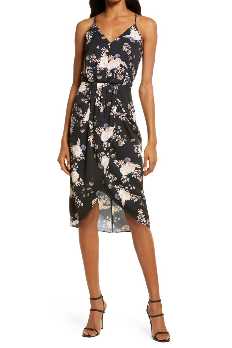 Sleeveless Faux Wrap Dress, Main, color, BLACK BROCADE BLOSSOM