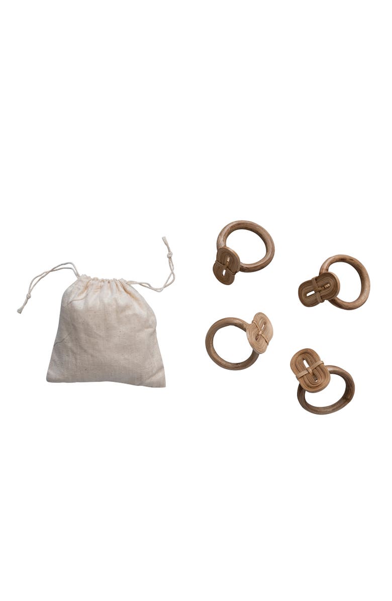 Storied Home Boho Woven wood Napkin Rings in Linen Drawstring Bag, Set of 4, Main, color, Natural