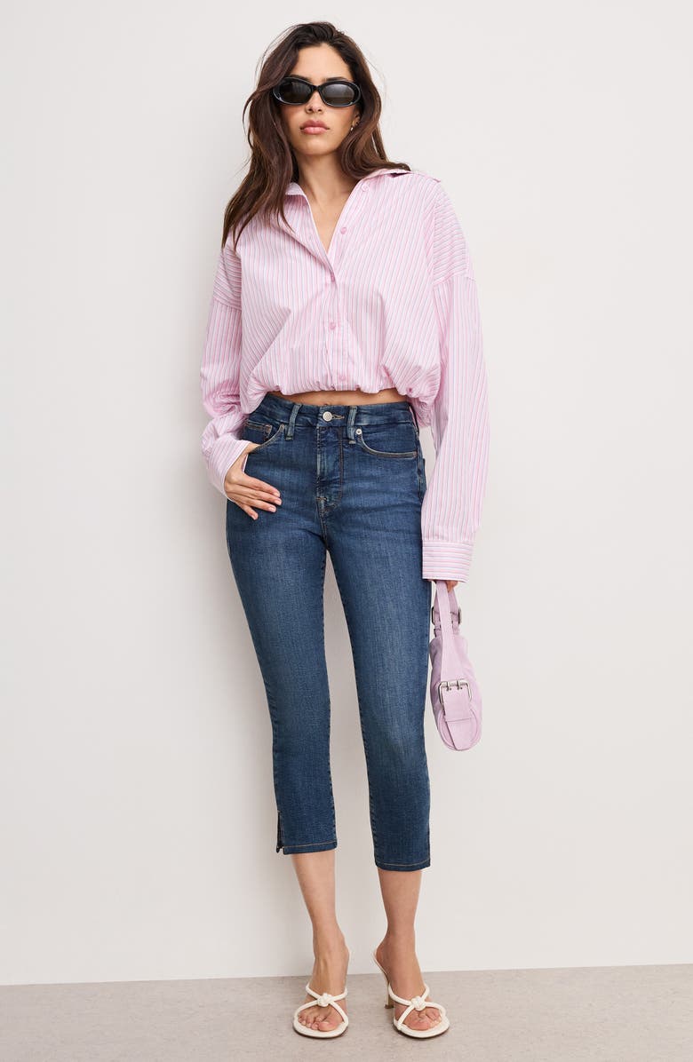 Good American Bubble Hem Crop Poplin Button-Up Shirt, Alternate, color, Candy Stripe001