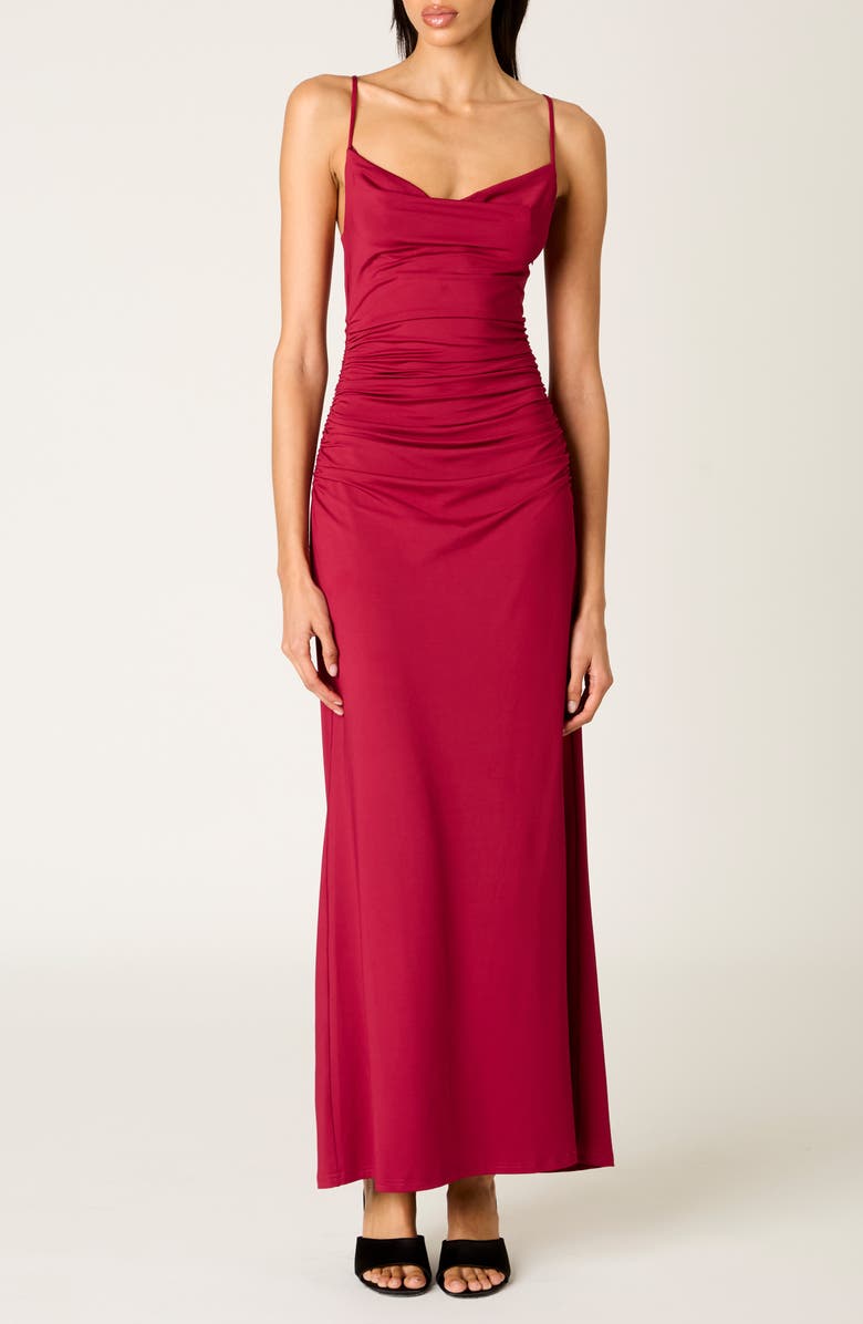 Nia Ina Shirred Cowl Neck Slipdress, Main, color, Cranberry